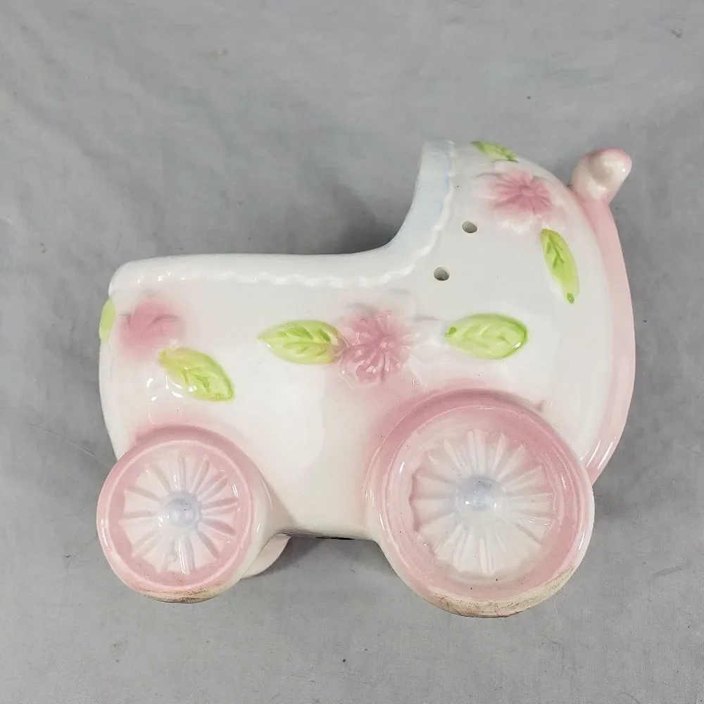 Vintage Japan Baby Buggy nursery Planter With flowers foliage & Ribbon Holes